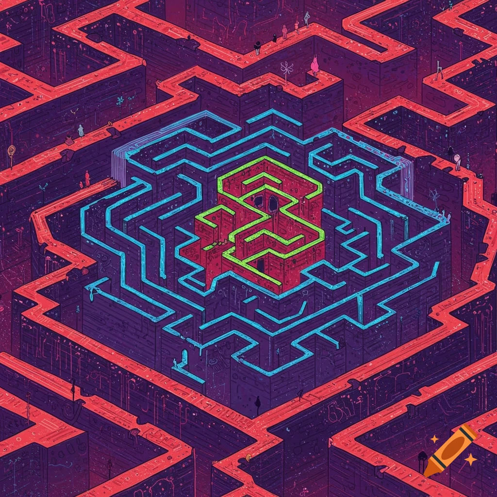 Isometric view of a complex multi-colored maze with tiny figures navigating the paths.