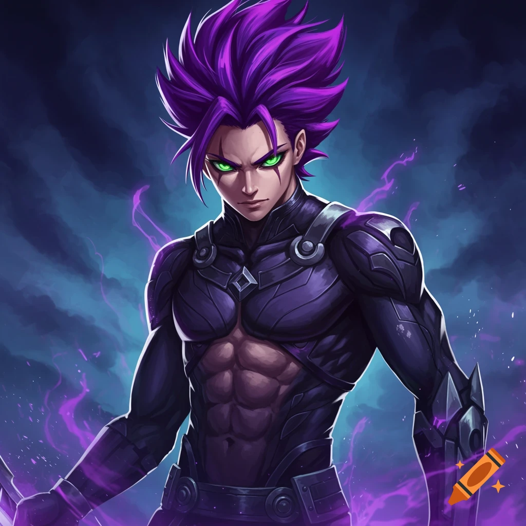 Anime style male character with purple hair and green eyes in dark armor holding a weapon.