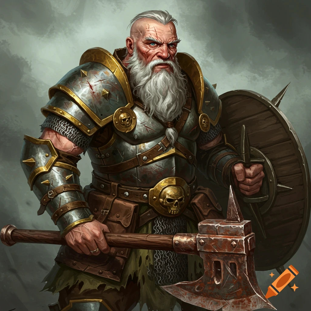An older fantasy warrior in armor holding an axe and shield