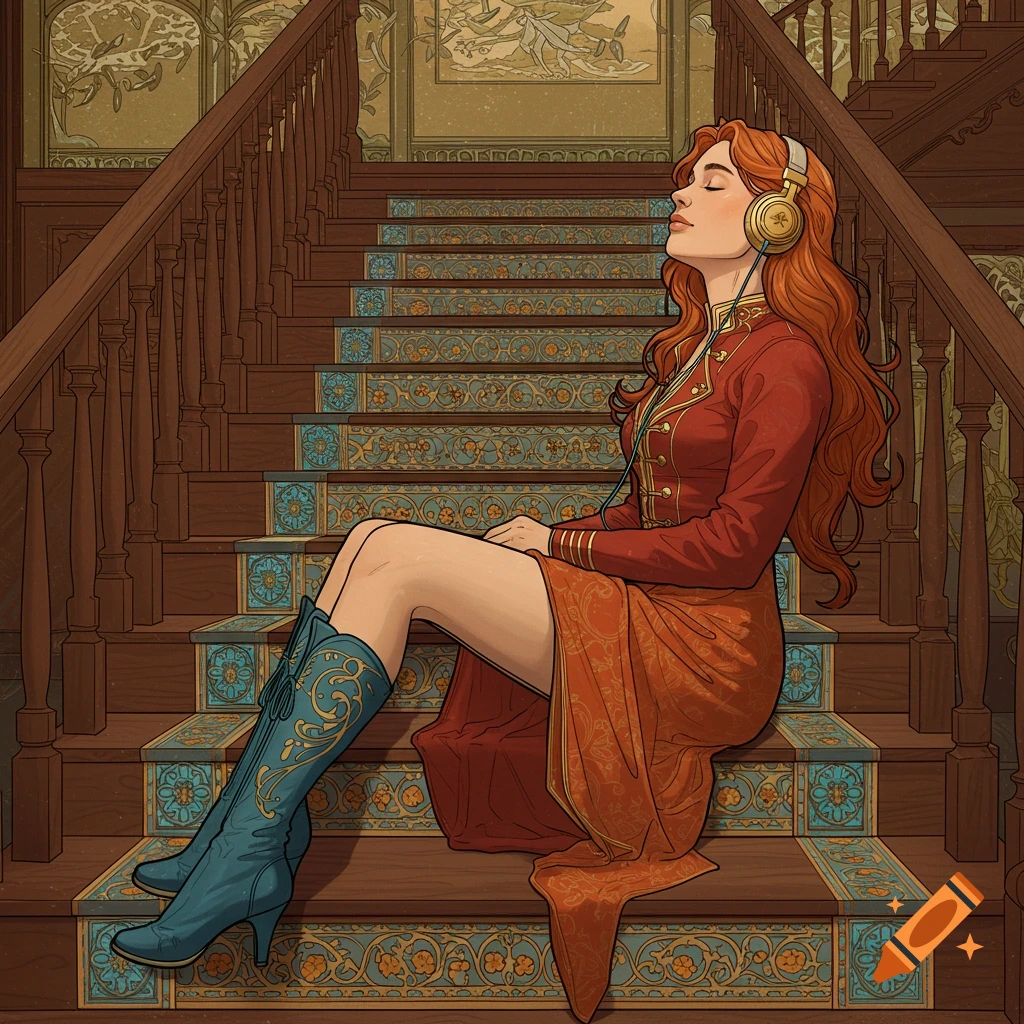 Digital illustration of a woman in Art Nouveau style sitting on ornate stairs listening to headphones.