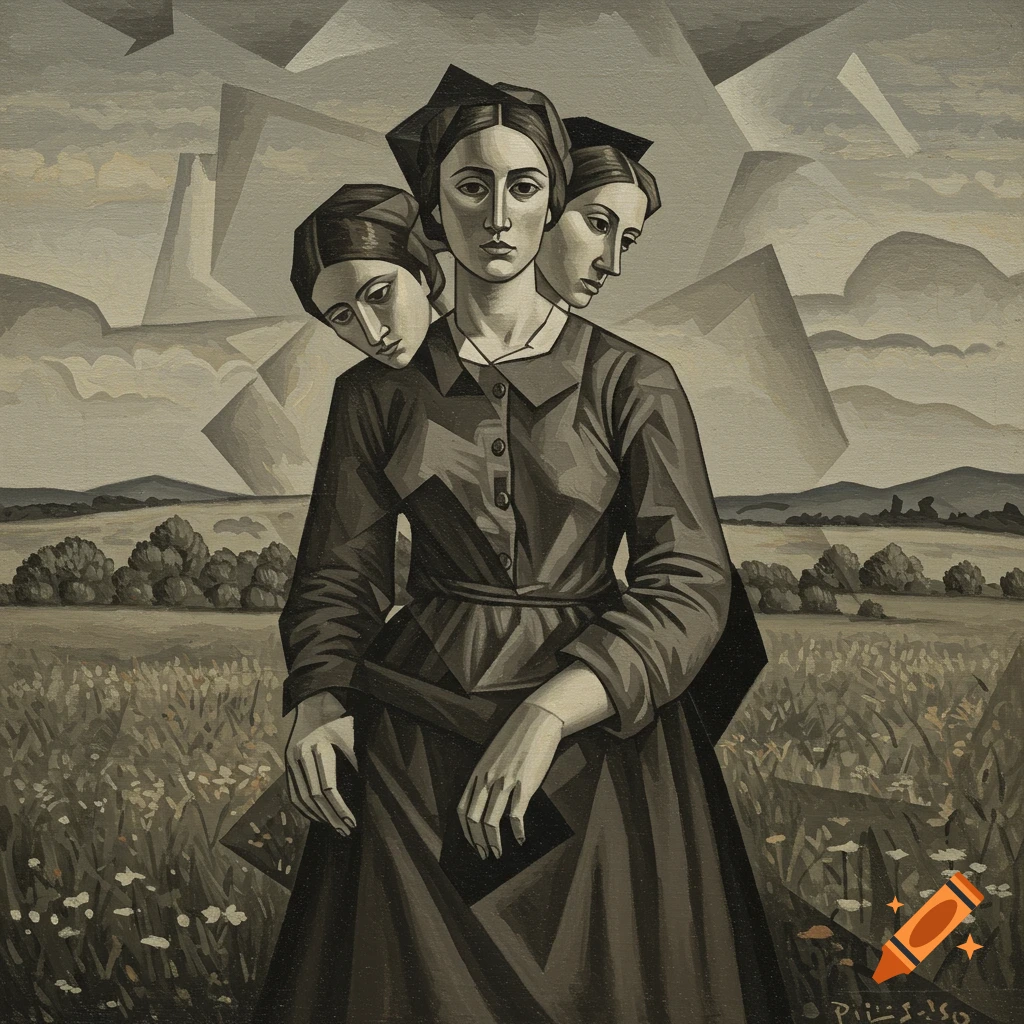 Cubist painting of a woman with multiple faces standing in a field with a landscape background.