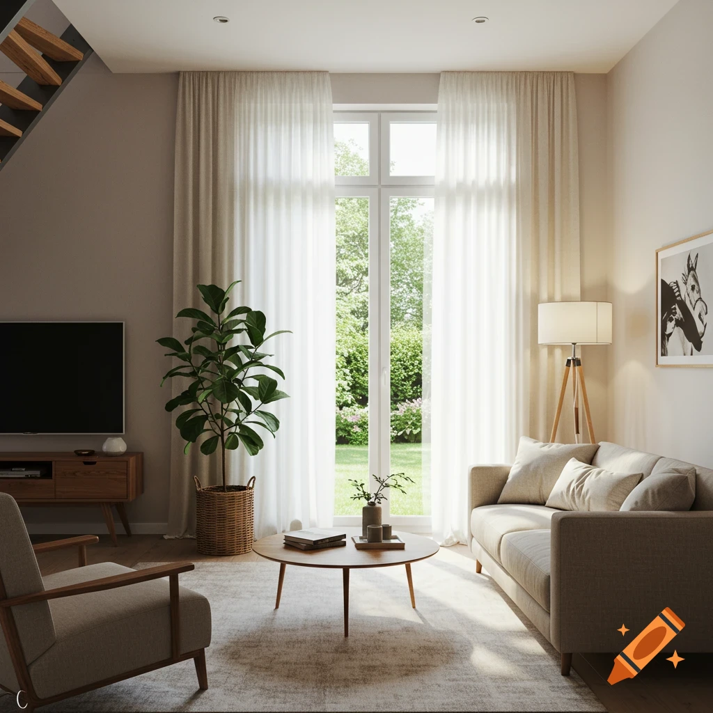 Photorealistic image of a cozy living room with a large window overlooking a garden, featuring a sofa, armchair, coffee table, and plant.
