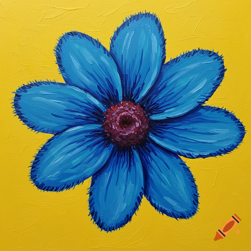 An acrylic painting of a blue flower with textured petals and a dark red center against a bright yellow background.