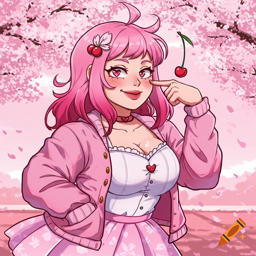 Anime woman with pink hair and heart eyes in a pink outfit among cherry blossoms