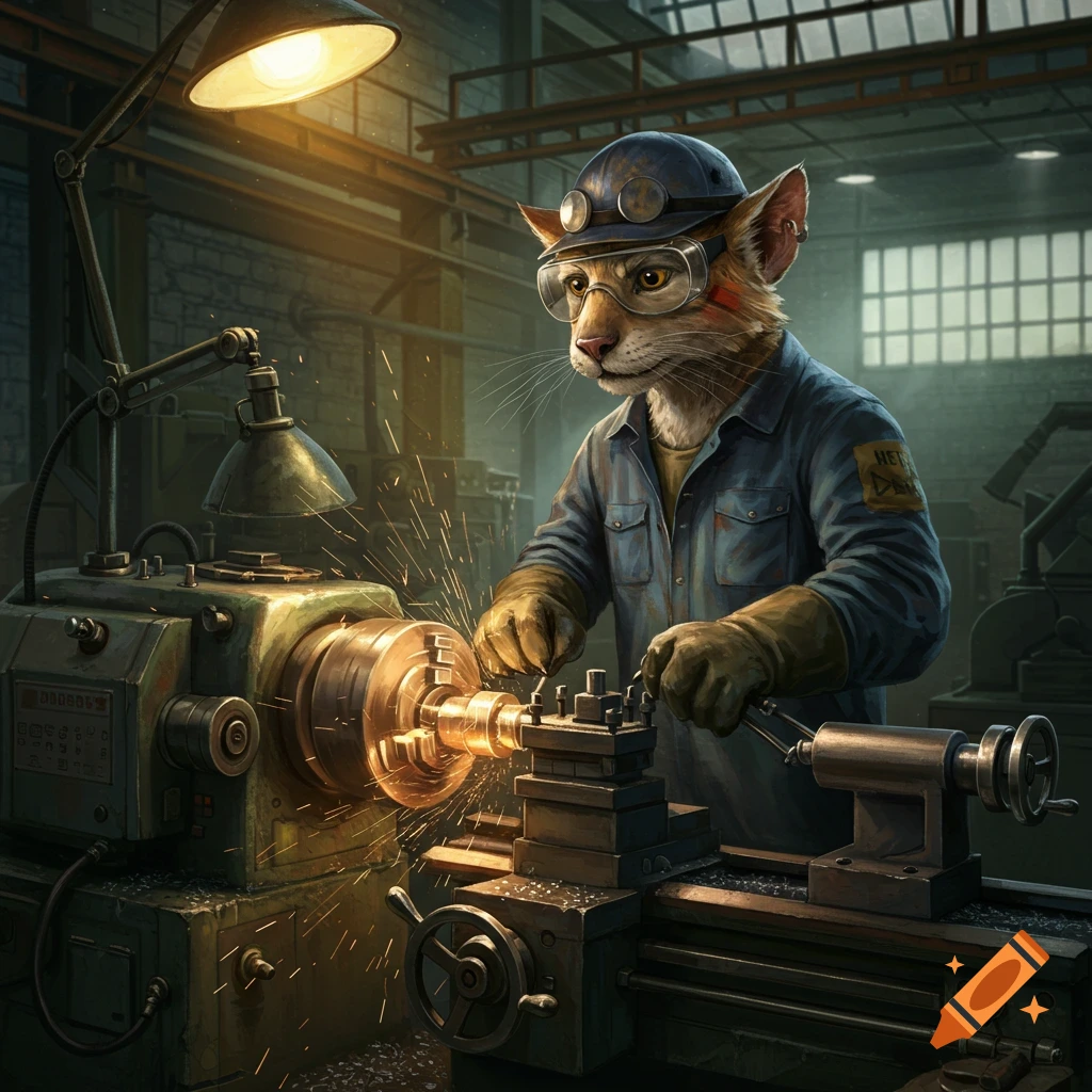 A bobcat character wearing safety glasses and a hard hat works at a lathe in a factory, sparks flying.