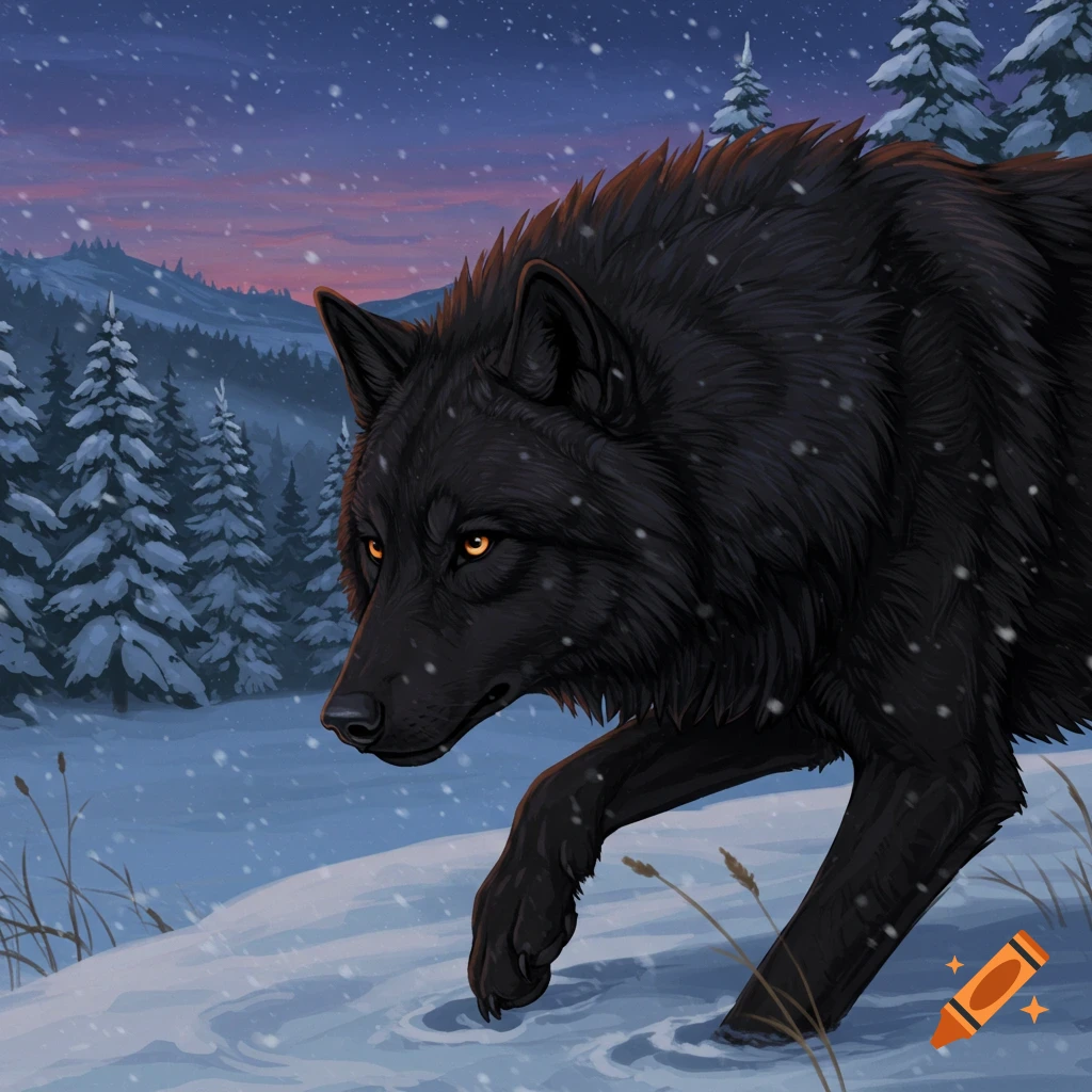 A black wolf walks through a snowy forest at dusk.