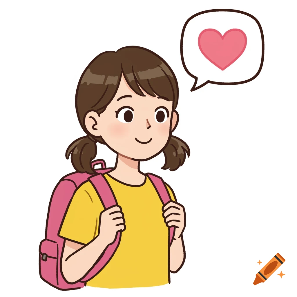 Clipart illustration of a young girl with a pink backpack and yellow shirt, with a heart in a speech bubble.