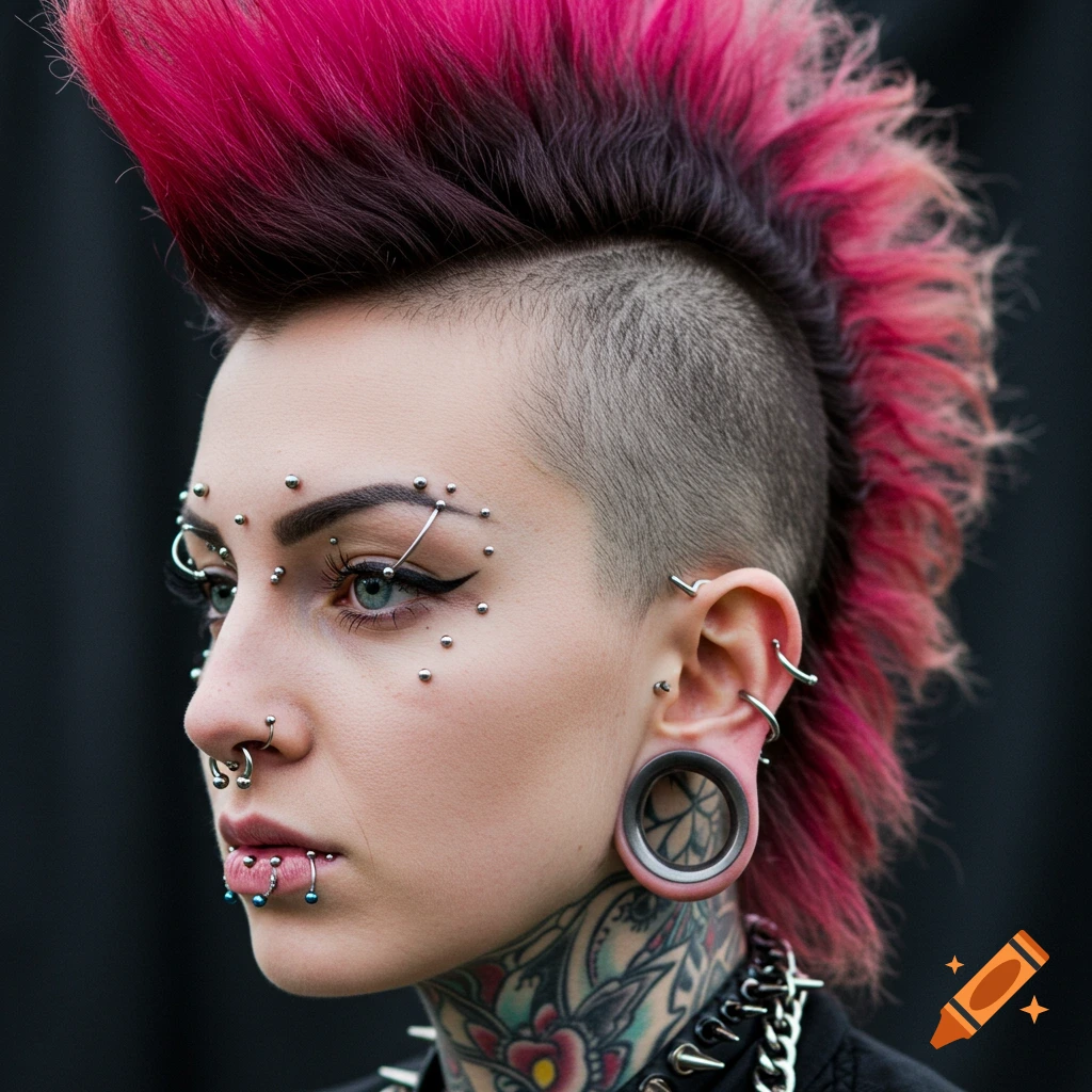 A close-up photorealistic portrait of a woman with pink mohawk, numerous face and lip piercings, stretched earlobes, and neck tattoos.
