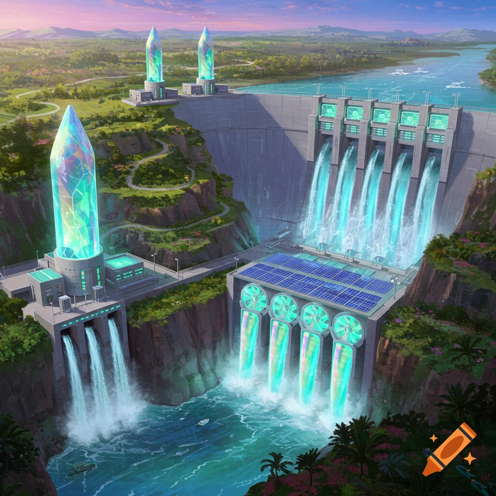 A futuristic dam with crystal towers and glowing water outlets is set in a lush mountain landscape.