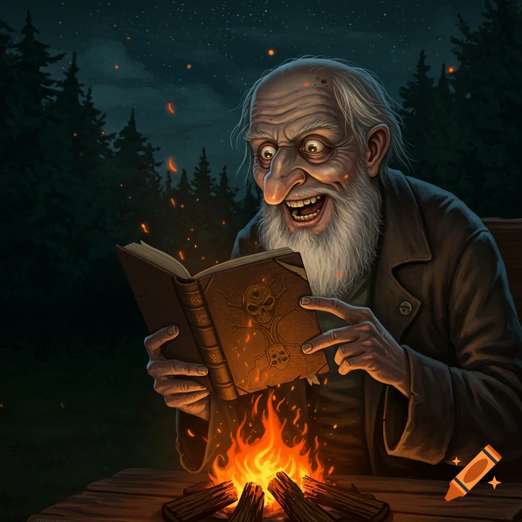 An illustration of a creepy old man with a long white beard, smiling wide as he reads a book with skull designs by a campfire at night in a forest.