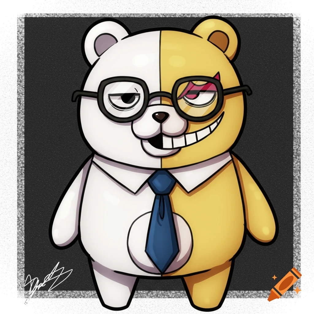 Cartoon of Monokuma in Danganronpa style, split white and yellow, wearing glasses and a tie.