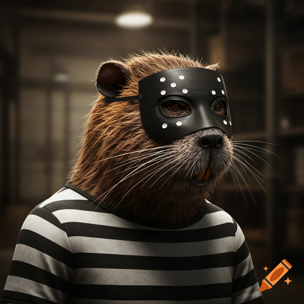A nutria wearing a black domino mask and a black and white striped shirt.
