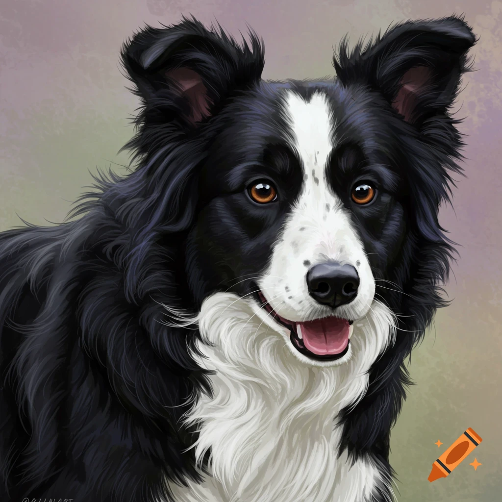 Close-up of a black and white Border Collie dog with a happy expression.