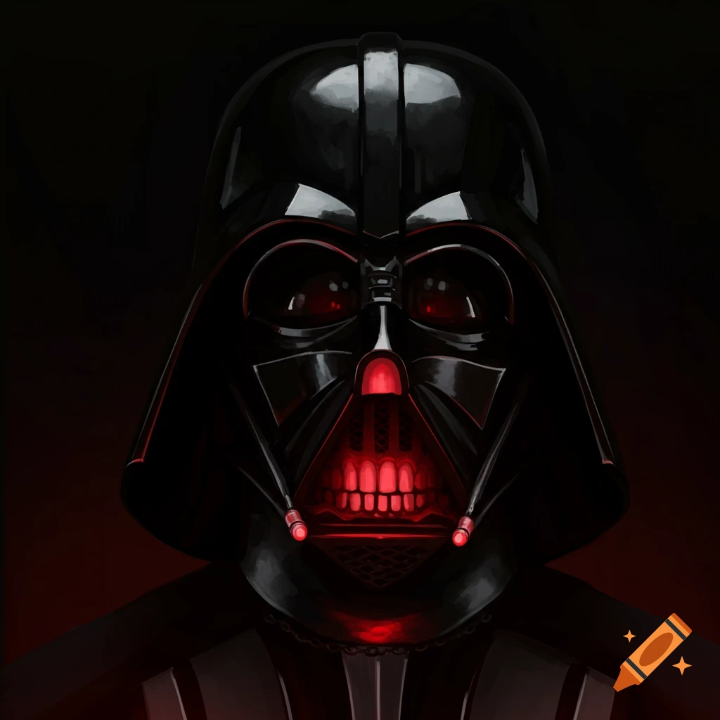 Close-up of Darth Vader's mask with glowing red eyes and mouth, appearing to laugh.