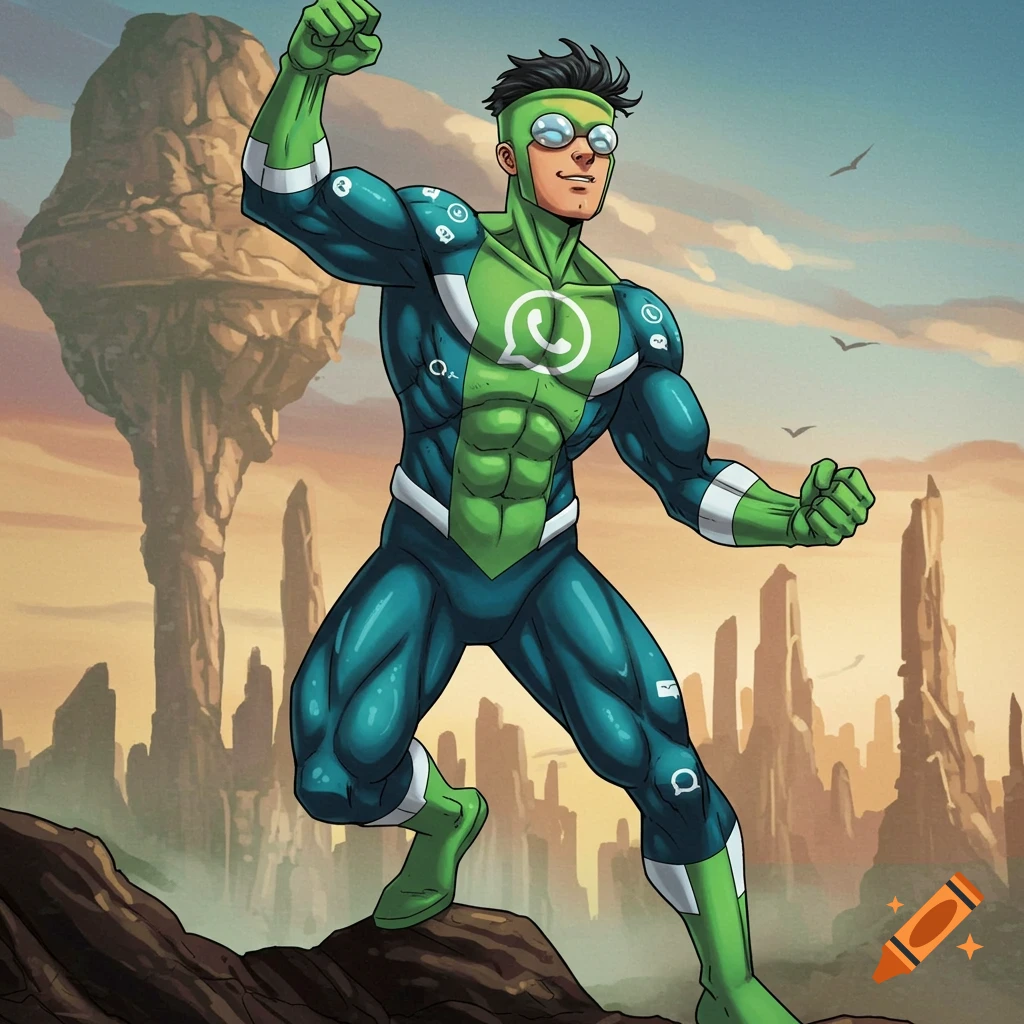 Cartoon superhero in green and blue suit with WhatsApp logos, standing on a rock