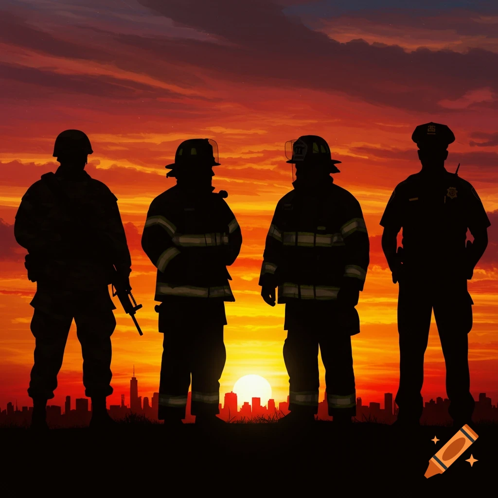 Silhouettes of a soldier, firefighter, and police officer stand against a vibrant sunset over a city skyline.