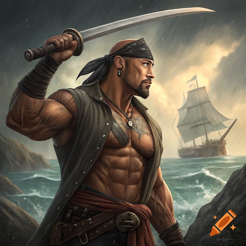 Illustration of a muscular pirate on a stormy shore, holding a sword aloft, with a ship in the background.