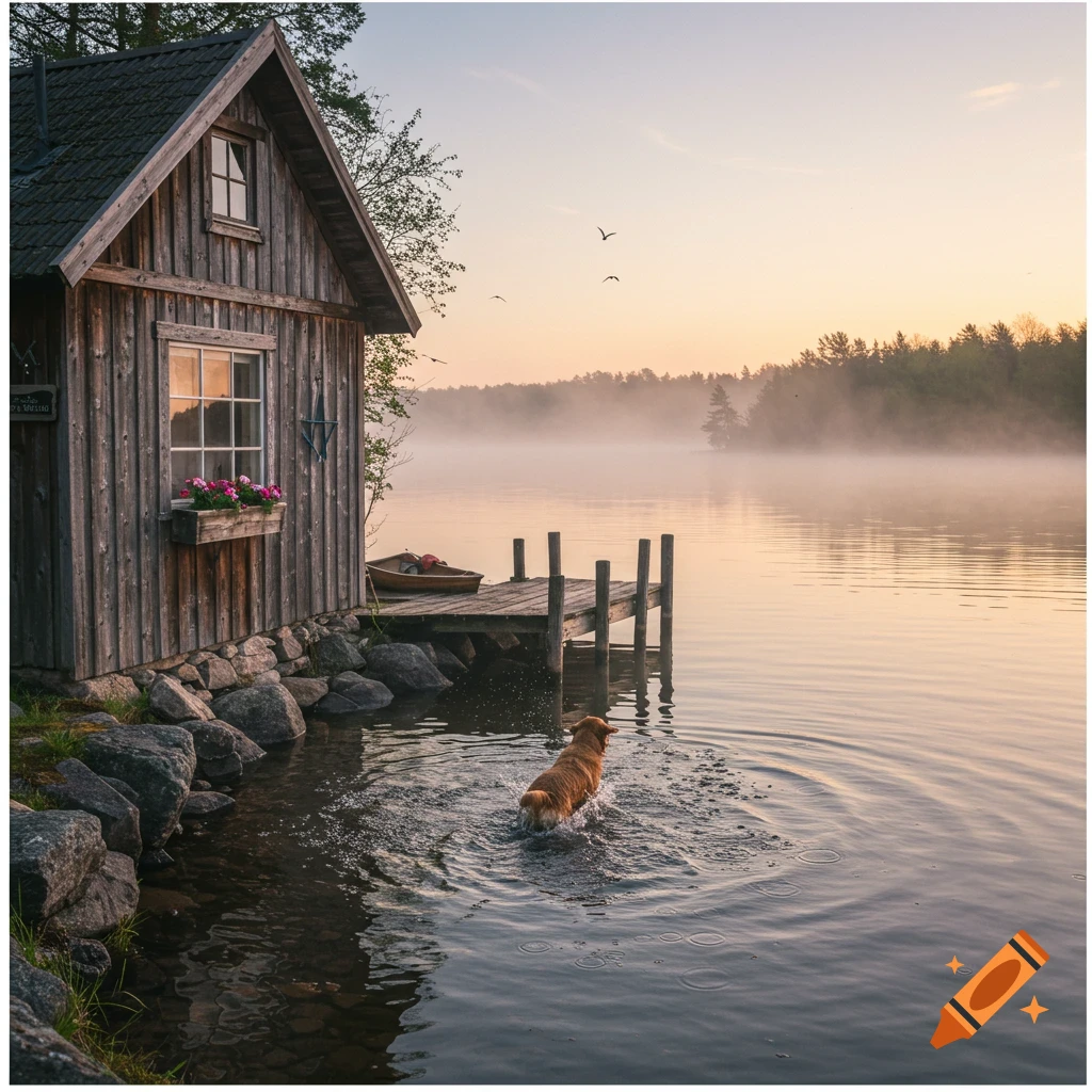 Rustic cabin by a misty lake at sunrise with a dog swimming