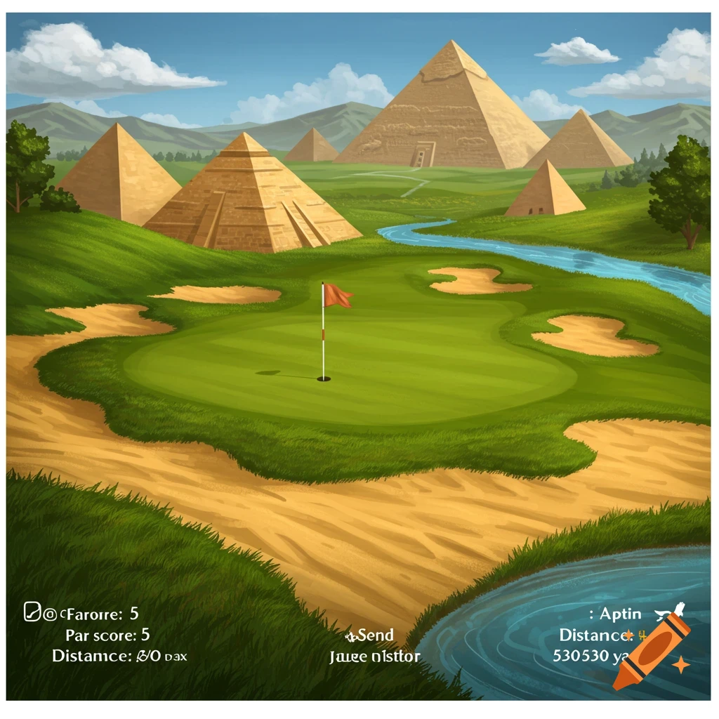 A golf course with sand traps and a river, set in a landscape with large pyramids and mountains.