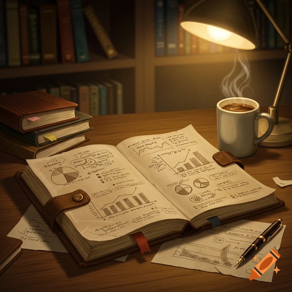A desk in a study with an open journal, books, coffee, and a lamp.