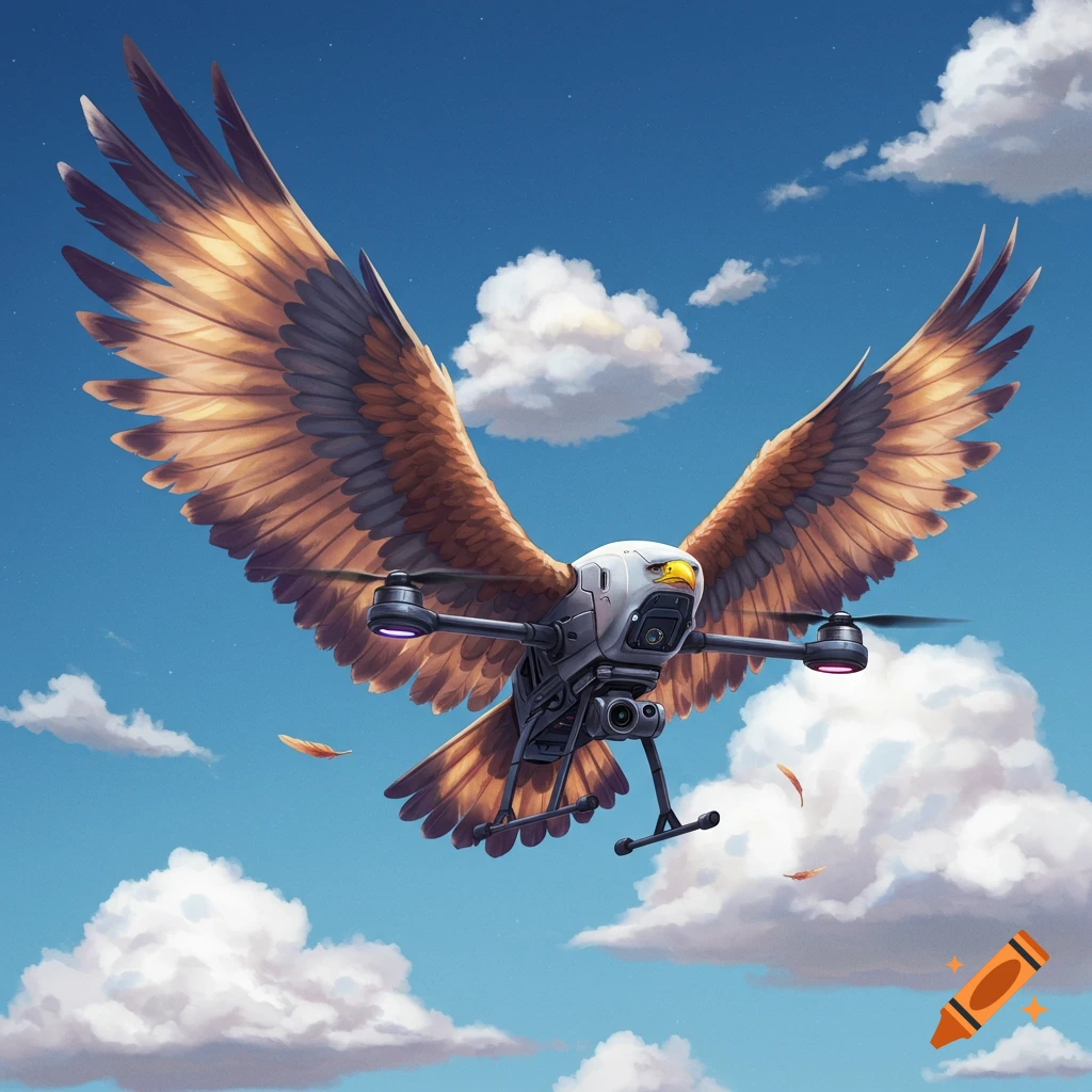 A drone with large eagle wings flying in a cloudy sky.