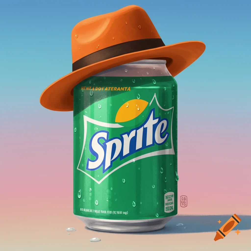 A Sprite soda can wearing an orange fedora hat.