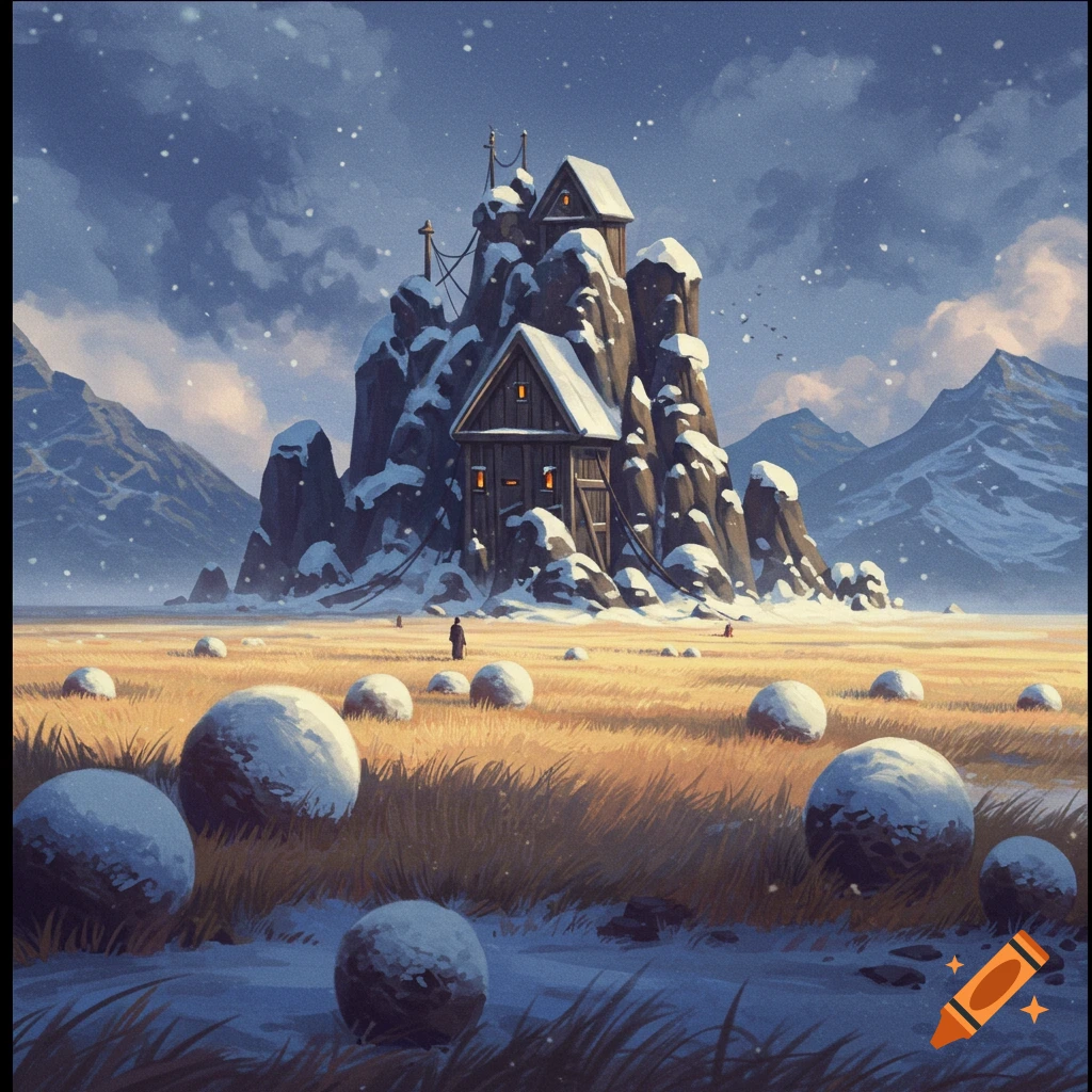 Houses built on a snowy rock formation in a field of golden grass, with mountains and snowfall in the background.