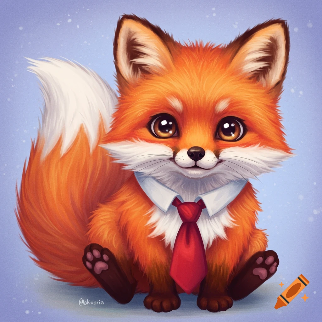 A cute cartoon fox is sitting and wearing a white shirt and a red tie.