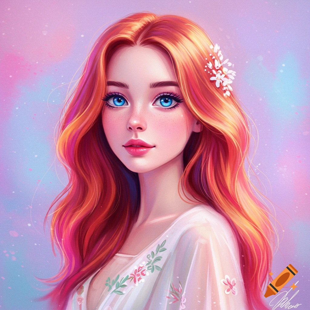 A young woman with long red hair and blue eyes.
