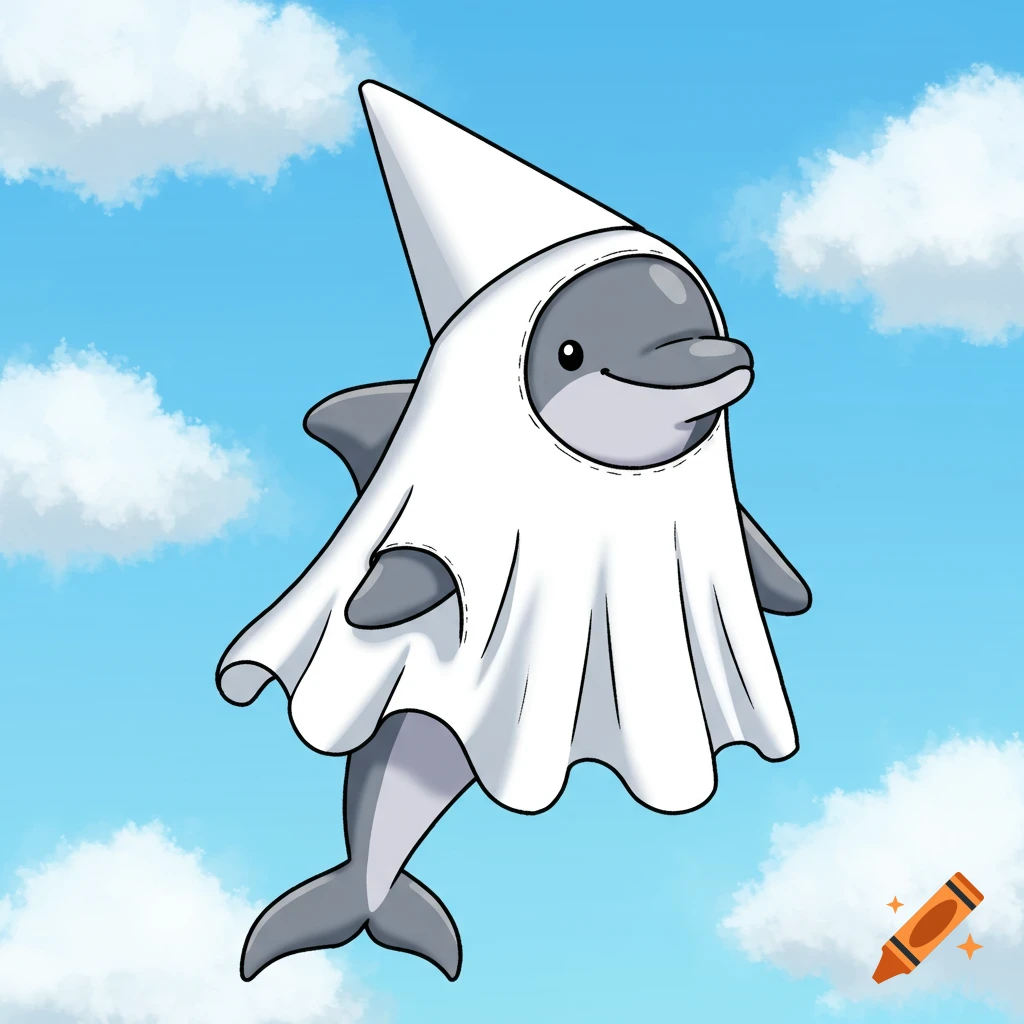 Cartoon dolphin in a ghost costume flying in a cloudy sky.