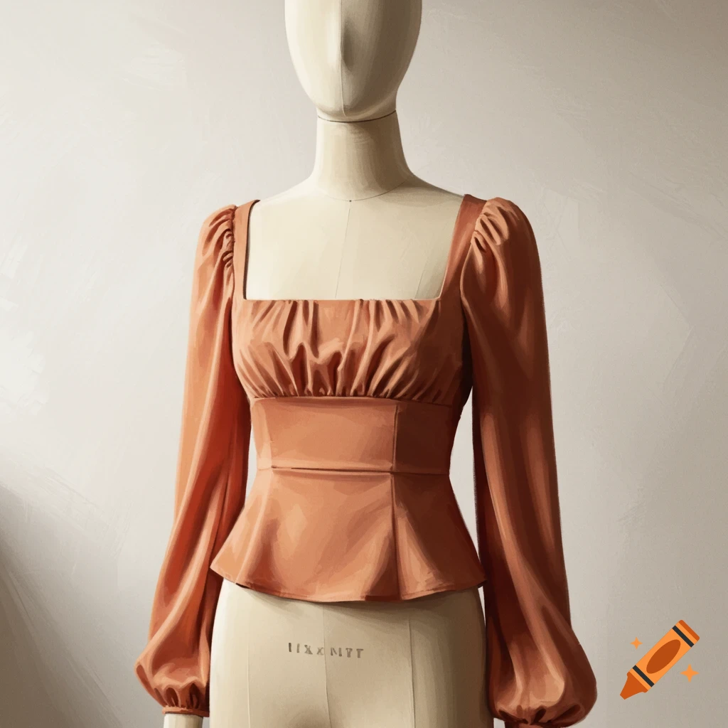 An orange square neck top with long sleeves is displayed on a mannequin.