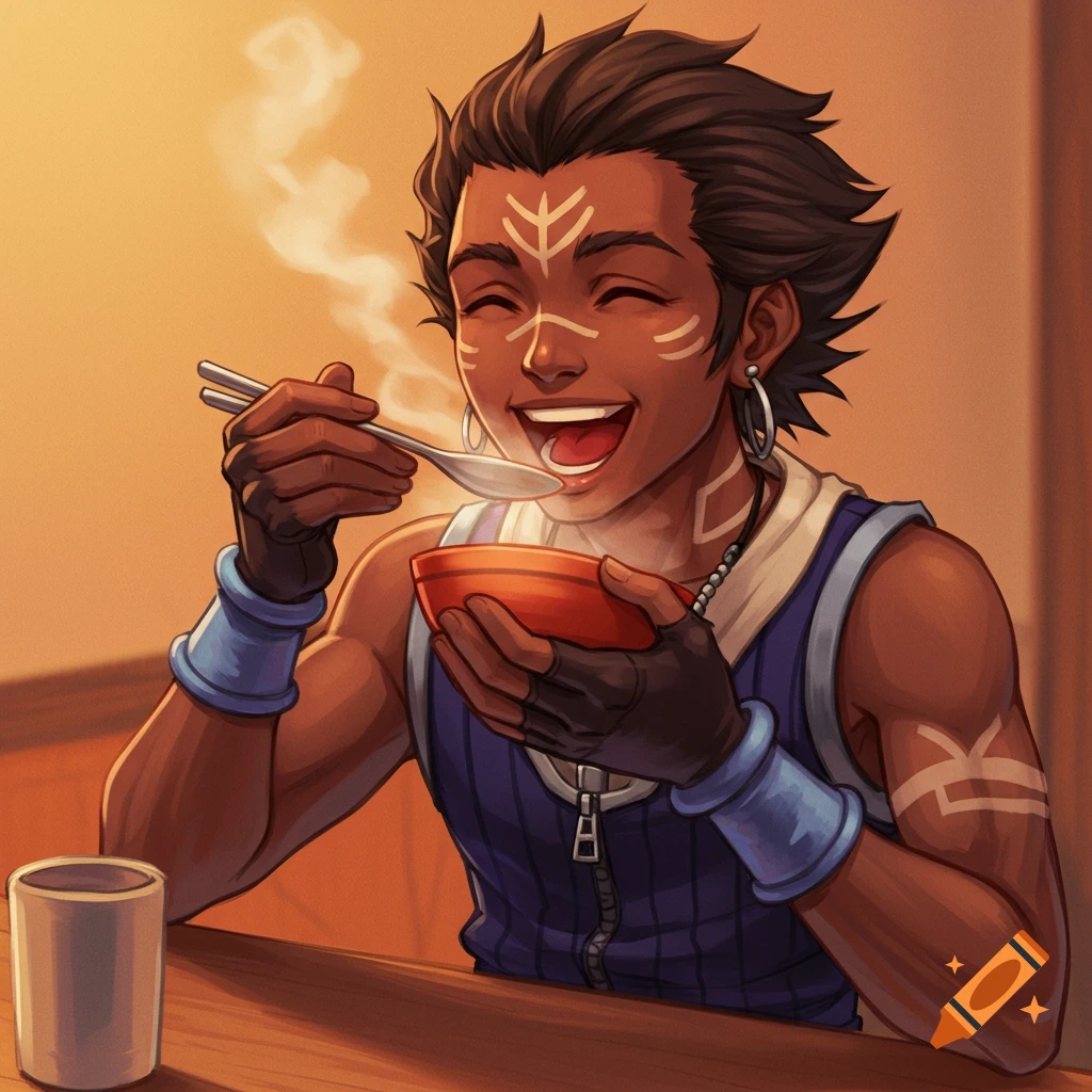 Smiling fantasy character with face markings eating soup