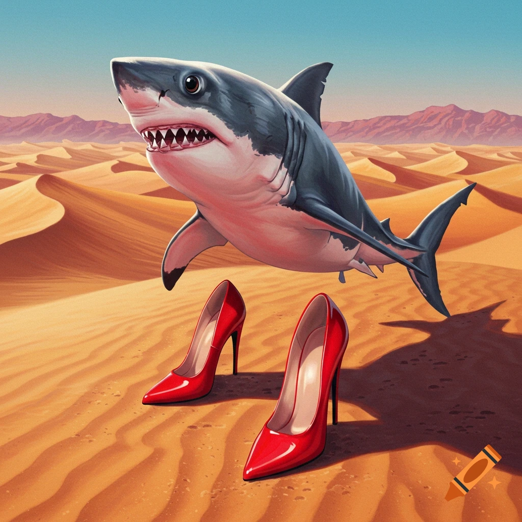 A shark flies over red high heel shoes in a desert landscape.