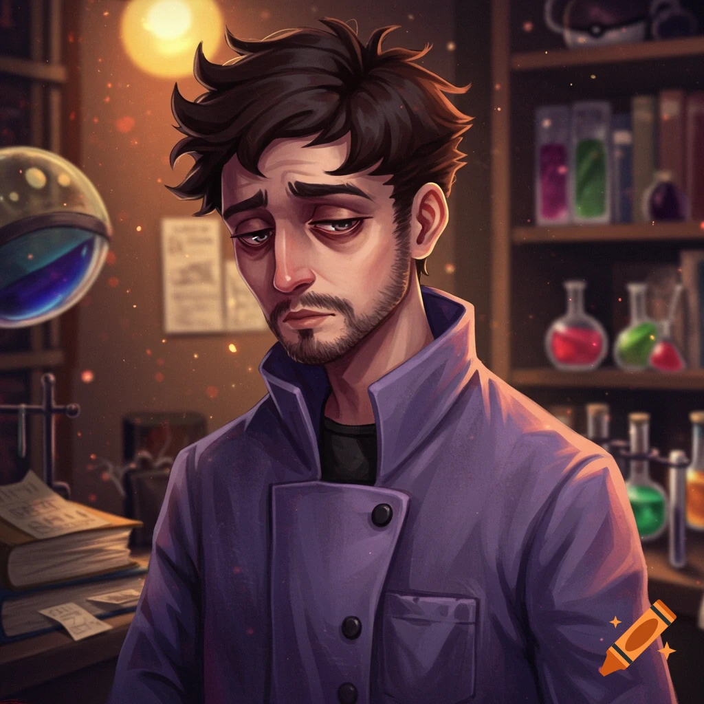 A tired male professor is in a lab with books and beakers.