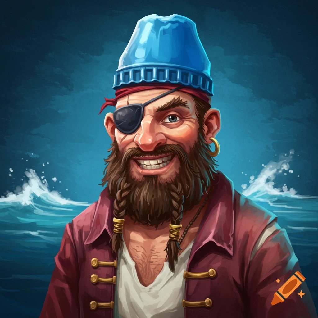 Portrait of a smiling pirate with a blue hat and eyepatch against a stormy sea.