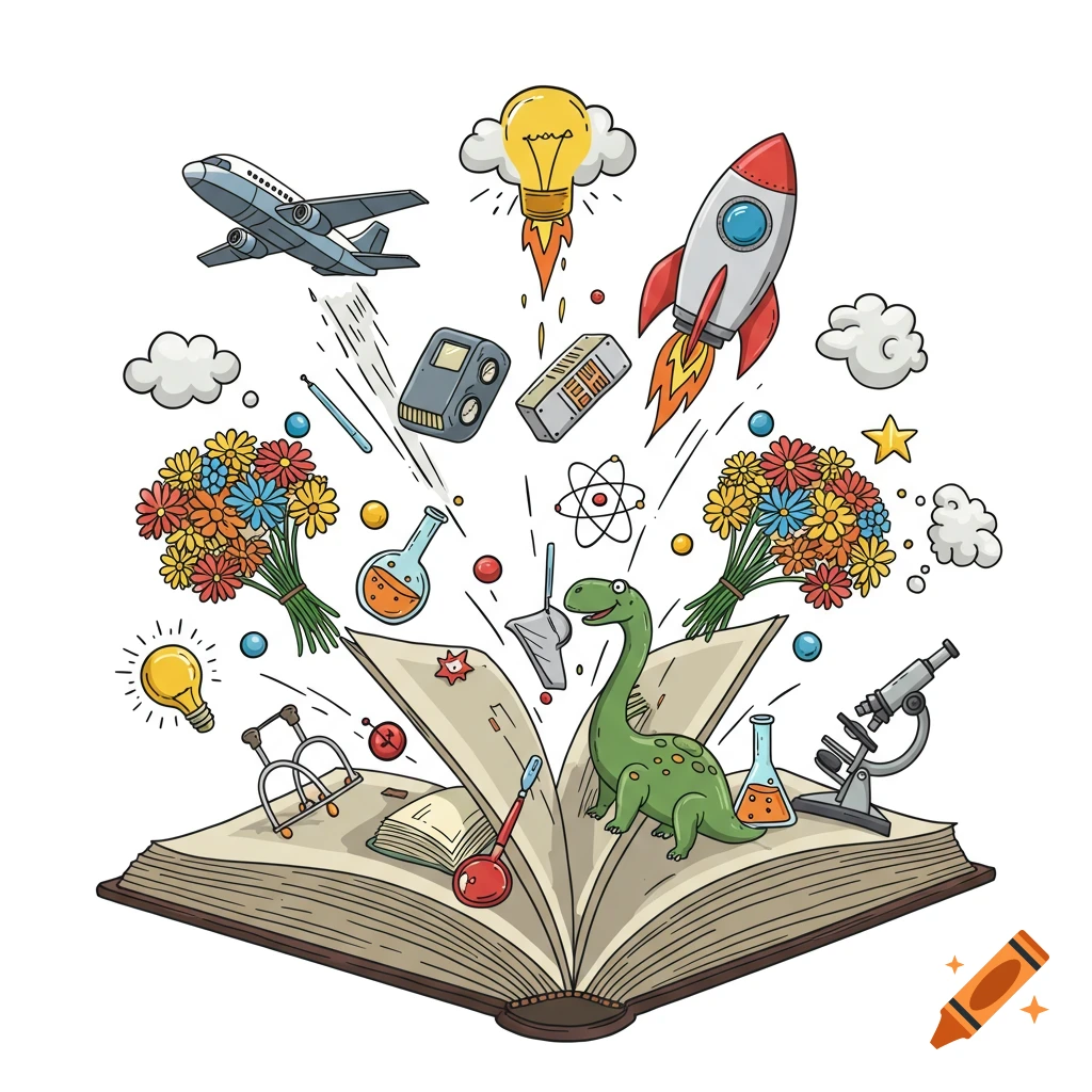 Illustrated open book with science items, airplane, rocket, flowers, and a dinosaur flying out.