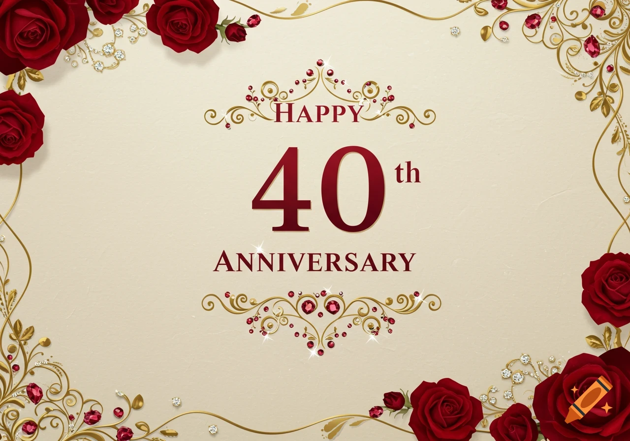 Happy 40th Anniversary text on a cream background with red roses, gold vines, and ruby and diamond accents.