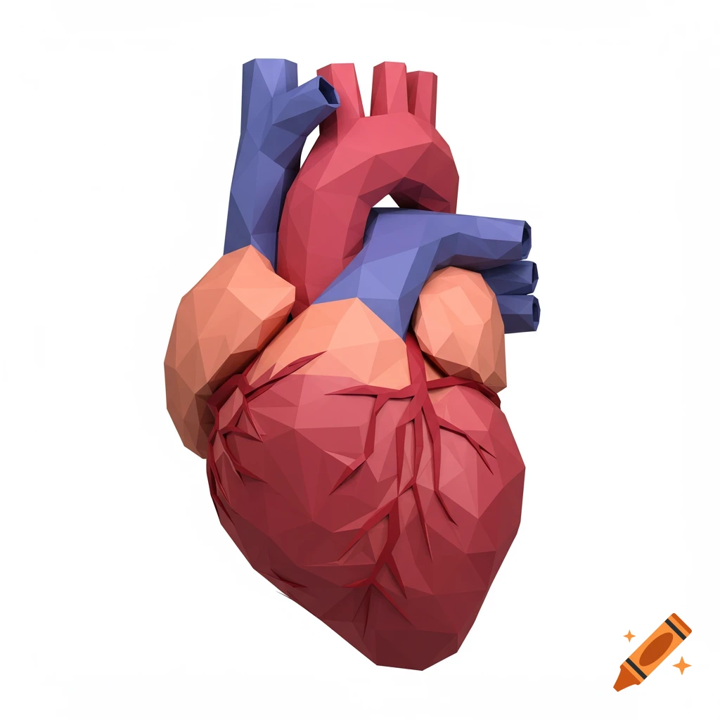 A low-poly 3D rendering of a human heart.