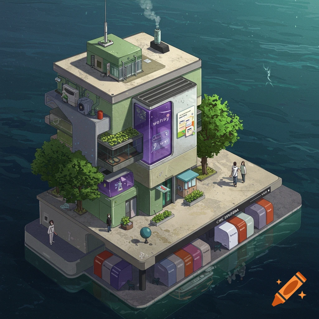 Isometric multi-story building on water.