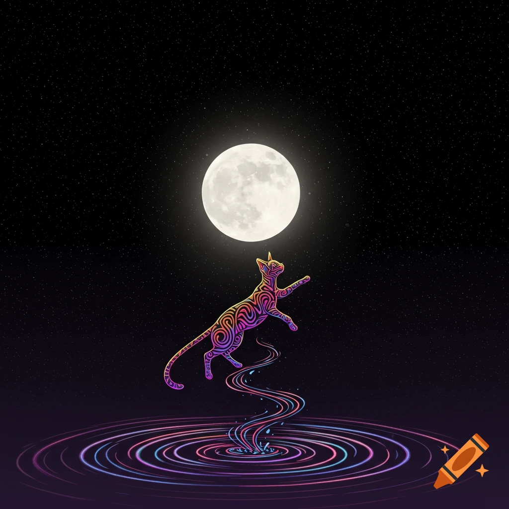 A stylized, rainbow-patterned cat leaps from swirling colorful ripples towards a full moon in a starry sky.