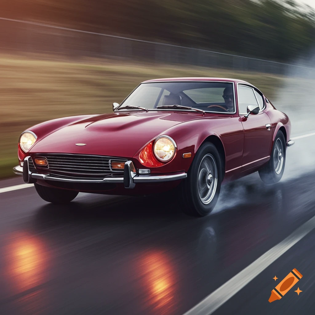 A red classic sports car speeding on a wet road with tire smoke and motion blur.
