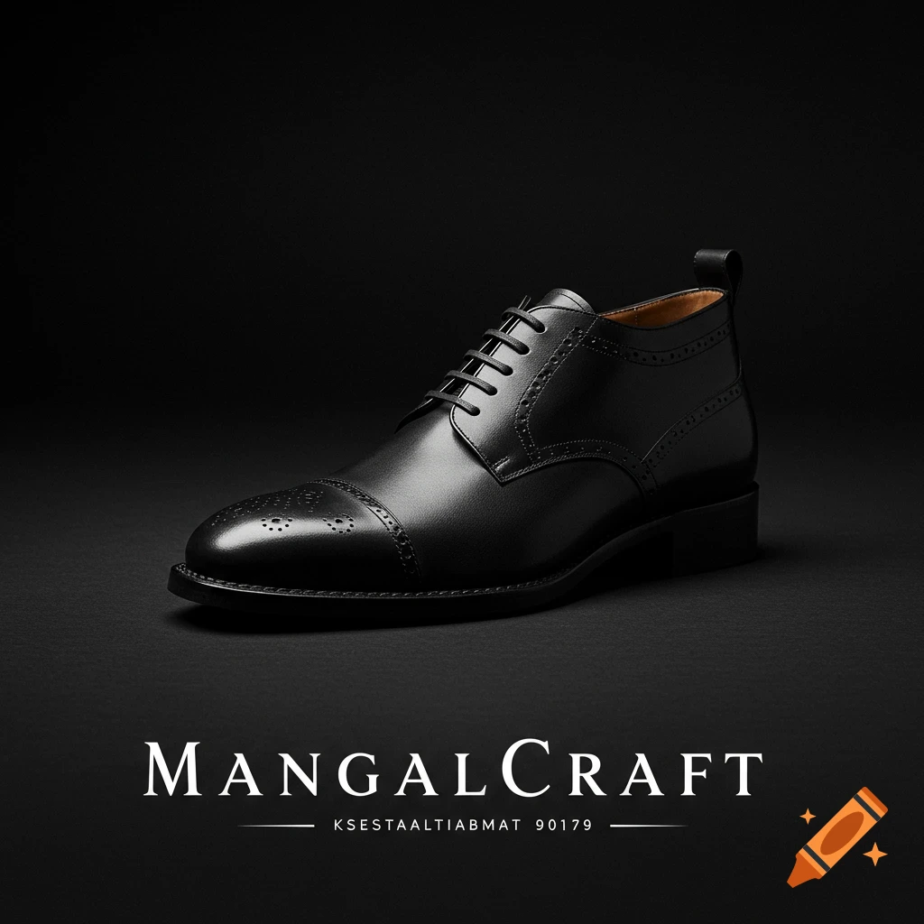 A black leather dress shoe sits on a black background with 'MANGALCRAFT' text below. Product shot.