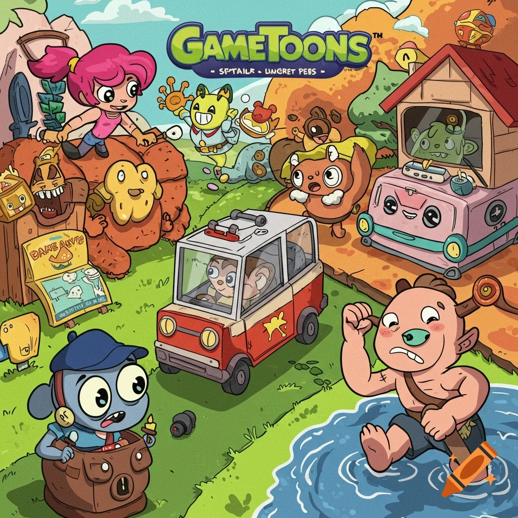 A cartoon image in Gametoons style with multiple characters, vehicles, and buildings in a colorful outdoor scene.