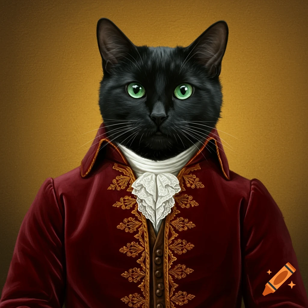 A black cat wearing a red historical coat.