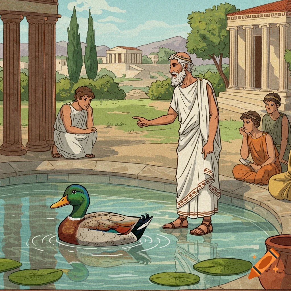 Illustration of an ancient Greek man pointing at a duck in a pool watched by others.