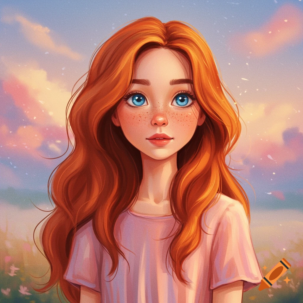 A young girl with red hair and blue eyes is depicted in a dreamy landscape.