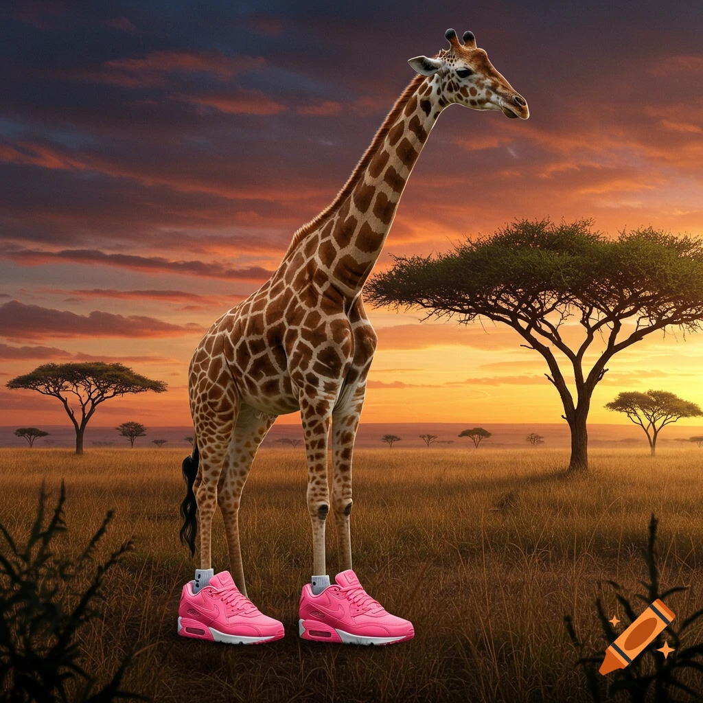Giraffe wearing pink sneakers stands in a savanna at sunset.