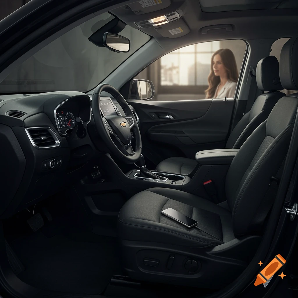 Interior view of a black car showing dashboard, steering wheel, and seats with a woman looking through the passenger window from outside.