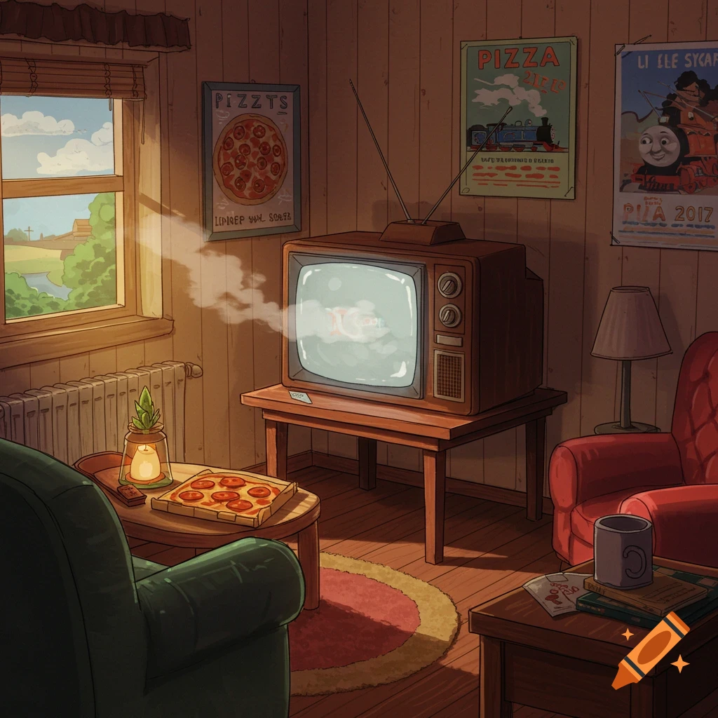 A cozy living room with an old TV, pizza, armchairs, and posters, lit by sunlight from a window.