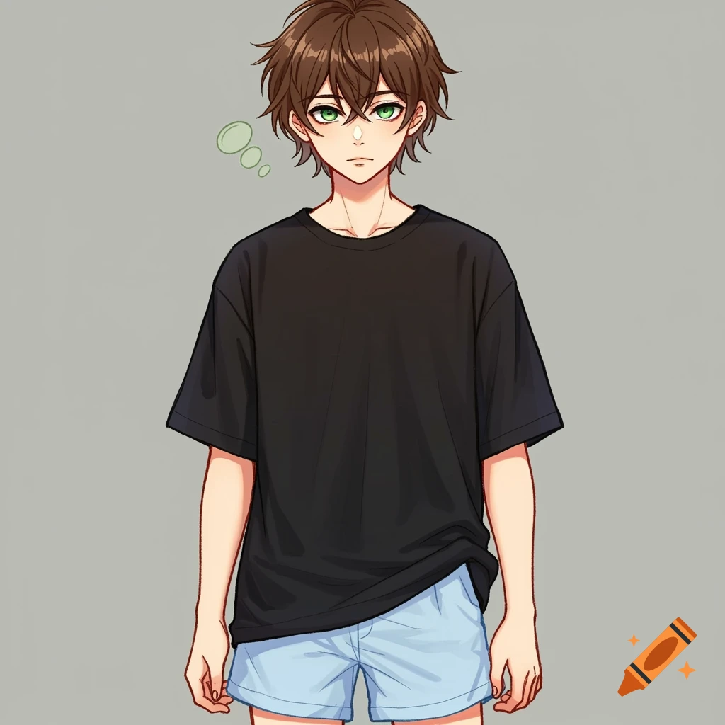 Anime boy with brown hair and green eyes wearing a black t-shirt and blue shorts.